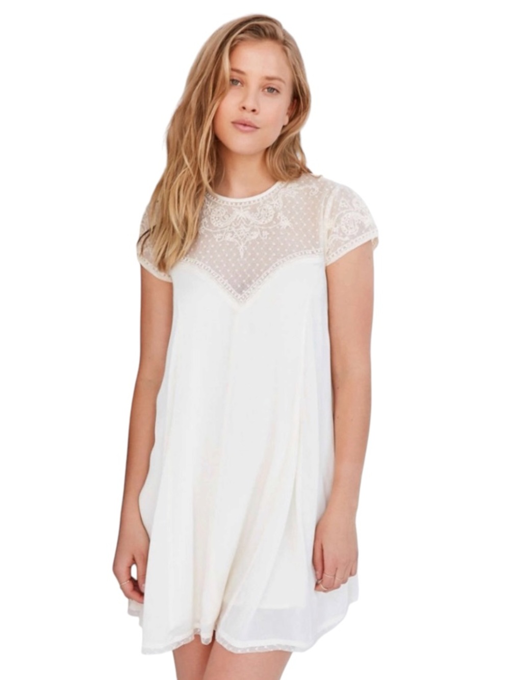 Kimchi Blue (UO) Cream Cap Sleeve Lace Upper Keyhole Back A Line Dress (S)